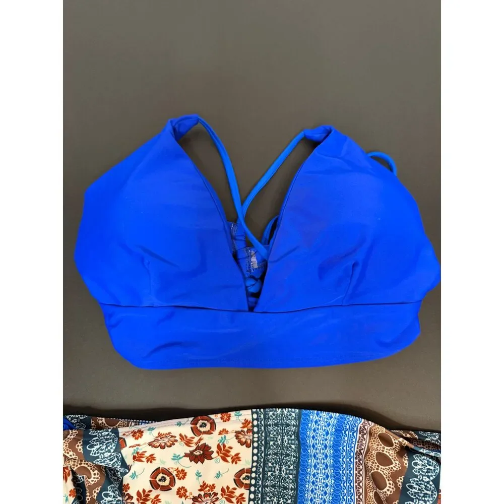 Women's Size L Blue Floral Two-Piece Bikini Set Tie Side Boho Swimwear Swimsuit